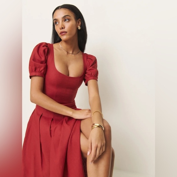 NEW Reformation Coucou Midi Linen Dress Sundried Tomato Red | US 2 UK 6 - Picture 6 of 16